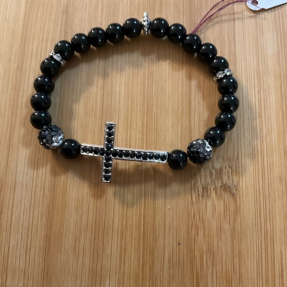 Hand Crafted Bracelet Black with Rhinestone Cross Pave Beads Stretch Unisex - Picture 6 of 7